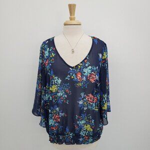 A.n.a Womens Floral Print Sheer Blouse Top Plus Size 2X Blue 3/4 Sleeve‎ V-Neck